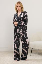PixieGirl Petite Women's Black Graphic Satin Button Pyjama Set | PixieGirl 3