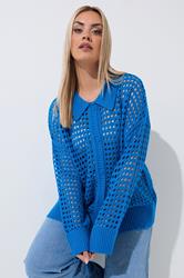 LIMITED COLLECTION Plus Size Blue Crochet Knit Long Sleeve Shirt | Yours Clothing 3