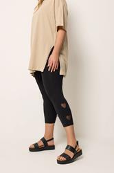 YOURS Plus Size Black Heart Mesh Detail Cropped Leggings | Yours Clothing 1