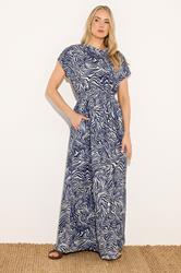LTS Tall Women's Navy Blue Abstract Jersey Shirred Waist Cotton Maxi Dress | Long Tall Sally 3
