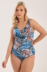 YOURS Plus Size Blue & Orange Animal Plunge Swimsuit | Yours Clothing 2