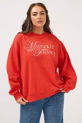 YOURS Plus Size Red Embroidered 'Marseille France' Sweatshirt | Yours Clothing 1
