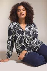 EVANS Plus Size Navy Blue Linear Print Jersey Crepe Blouse | Evans 3