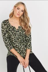LTS Tall Khaki Green Leopard Print Cotton Henley Top | Long Tall Sally 3