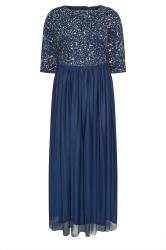 LUXE Curve Navy Blue Sequin Hand Embellished Maxi Dress