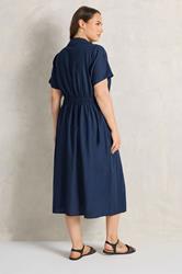 EVANS Plus Size Navy Blue Linen Shirred Waist Midi Dress | Evans 2