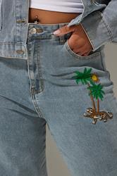LIMITED COLLECTION Plus Size Blue Denim Palm Tree Embroidered Jeans | Yours Clothing 4