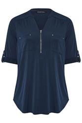 EVANS Curve Navy Blue Zip Front Jersey Blouse
