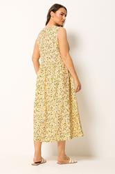 YOURS Plus Size Lemon Yellow Disty Floral Linen Maxi Dress | Yours Clothing 2