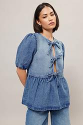 PixieGirl Petite Women's Blue Denim Tie Front Peplum Top | PixieGirl 3