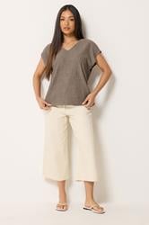 M&Co Petite Mocha Brown Crinkle V-Neck T-Shirt | M&Co 1