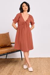 PixieGirl Petite Women's Rust Orange Tie Front Cotton Mini Dress | PixieGirl 2