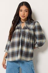 PixieGirl Petite Women's Blue Brushed Check Tie Front Smock Top | PixieGirl 1