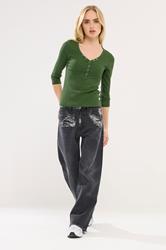 PixieGirl Petite Women's 2 PACK Black & Khaki Green Button Henley Tops | PixieGirl 4
