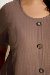 YOURS Plus Size Mocha Brown Button Front Ribbed Swing Top | Yours Clothing 4