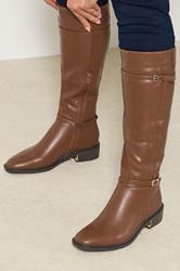 Brown Buckle Stretch Back Knee High Boots In Standard Fit | Yours Clothing 3