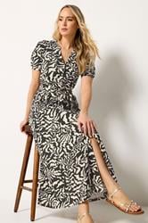 LTS Tall Women's Black & Brown Abstract Button Belted Cotton Midi Dress | Long Tall Sally  1