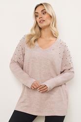 YOURS Plus Size Pink Pearl Embellished Soft Touch Jumper | Yours Clothing 3
