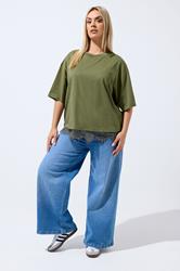 LIMITED COLLECTION Plus Size Khaki Green Oversized Lace Hem T-Shirt | Yours Clothing 1