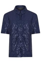 PixieGirl Petite Navy Blue Sequin Embellished Short Sleeve Shirt