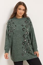 YOURS Plus Size Green Leopard Animal Print Stud Jumper | Yours Clothing 3