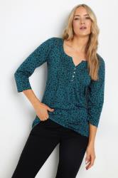 LTS Tall Teal Blue Ditsy Floral Cotton Henley Top | Long Tall Sally 3