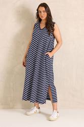 EVANS Plus Size Navy Blue Stripe Sleeveless Premium Cotton Dress 1