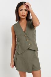 PixieGirl Petite Women's Khaki Green Asymmetric Button Cotton Waistcoat | PixieGirl 6
