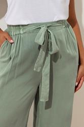 YOURS Plus Size Sage Green Chambray Tie Waist Cropped Trousers | Yours Clothing 4