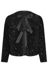 YOURS Curve Black Velvet Bow Tie Front Sequin Jacket