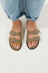 Taupe Brown Double Buckle Footed Mule In Extra Wide EEE Fit 1