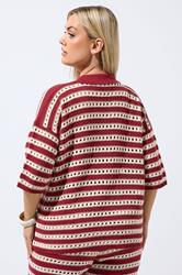 LIMITED COLLECTION Plus Size Burgundy Red Stripe Crochet Shirt | Yours Clothing 2