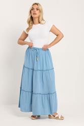 YOURS Plus Size Blue Chambray Tiered Maxi Skirt | Yours Clothing 1