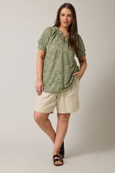 EVANS Plus Size Khaki Green Burnout Print Tie Neck Blouse | Evans 1