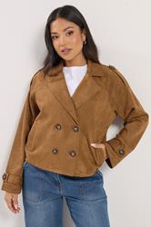 PixieGirl Petite Women's Brown Faux Suede Cropped Trench Coat | PixieGirl 3