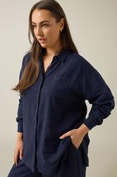 EVANS Plus Size Navy Blue Long Sleeve Premium Linen Shirt | Evans 1