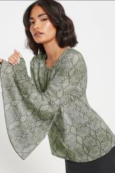 PixieGirl Petite Women's Grey Woven Snake Print Bell Sleeve Top | PixieGirl 4
