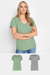 LTS Tall 2 PACK Green & Grey Stripe Cotton T-Shirt | Long Tall Sally 3