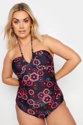 YOURS Plus Size Black & Pink Floral Halter Neck Swimsuit | Yours Clothing 6