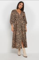 PixieGirl Petite Women's Brown Leopard Print Button Midi Dress | PixieGirl 1