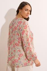 EVANS Plus Size Natural Brown Floral Tie Neck Blouse | Evans 4
