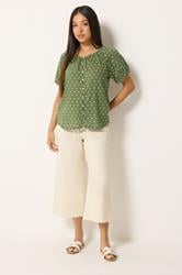 M&Co Petite Khaki Green Dobby Button Up Cotton Blouse | M&Co 1
