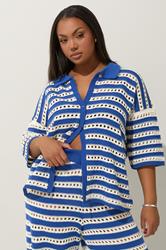 LIMITED COLLECTION Plus Size Blue & White Stripe Crochet Shirt | Yours Clothing 3