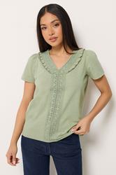 M&Co Petite Sage Green Embroidered Trim Cotton Blouse | M&Co 3