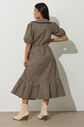 PixieGirl Petite Women's Brown Gingham Big Collar Cotton Maxi Dress | PixieGirl 4