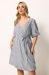 YOURS Plus Size Blue Stripe Puff Ball Wrap Dress | Yours Clothing 3