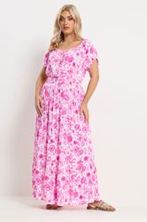 YOURS Plus Size Pink Floral Tie Neck Bardot Maxi Dress | Yours Clothing 3