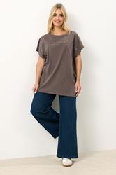 YOURS Plus Size Chocolate Brown Stud Grown-On Sleeve T-Shirt | Yours Clothing 1