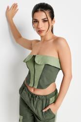 PixieGirl Petite Women's Khaki Green Colourblock Cotton Bandeau Corset Top | PixieGirl 2