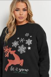 YOURS Plus Size Black 'Let It Snow' Reindeer Print Sweatshirt | Yours Clothing  4